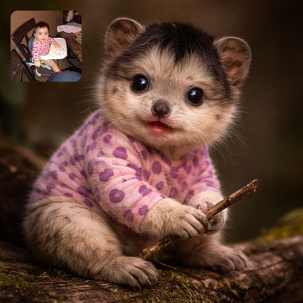 A cheerful baby in a high chair who clearly volunteered to assess every spoon in the house — wearing a heart-speckled onesie, cheeks smeared with crumbs, one tiny hand gripping a spoon like a microphone for lunchtime karaoke. The room is a cozy kitchen mess: chairs, a marble table with containers and a blanket, and an adult partially in frame, while the baby gives a curious, slightly mischievous stare at the camera.