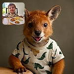 A delighted toddler with tousled hair and a dinosaur-themed shirt grins excitedly while sitting at a wooden table, ready to enjoy a meal of chicken nuggets and spaghetti with ketchup, framed by a bright window and a simple white wall.