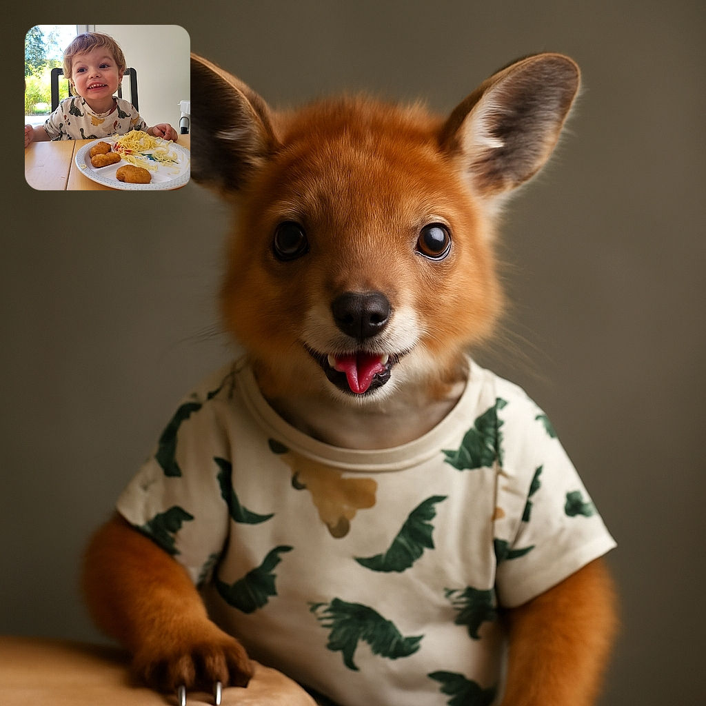 A delighted toddler with tousled hair and a dinosaur-themed shirt grins excitedly while sitting at a wooden table, ready to enjoy a meal of chicken nuggets and spaghetti with ketchup, framed by a bright window and a simple white wall.