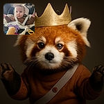 A curious baby wearing a paper crown sits strapped in a high chair, surrounded by colorful toys including a giraffe and a plush. The kitchen background is softly lit by natural light, adding a cozy and warm atmosphere to the scene.