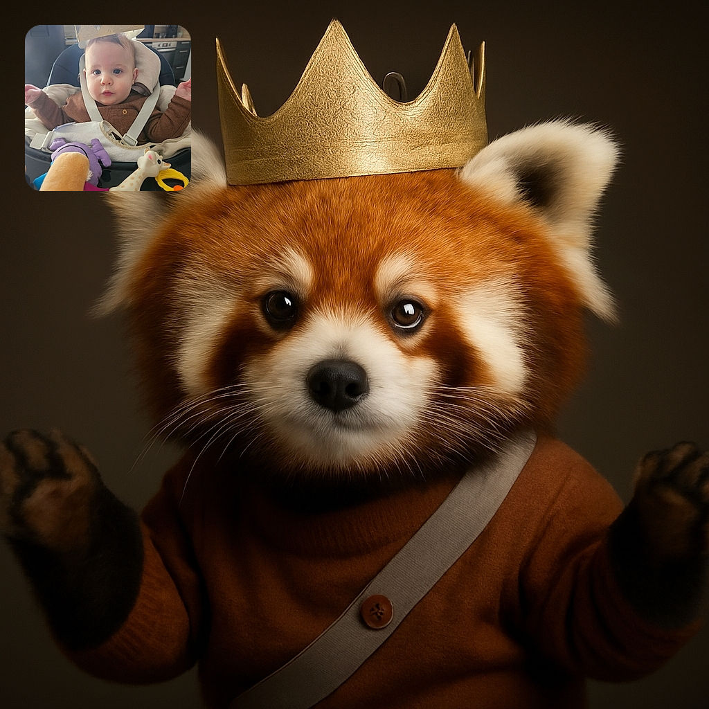 A curious baby wearing a paper crown sits strapped in a high chair, surrounded by colorful toys including a giraffe and a plush. The kitchen background is softly lit by natural light, adding a cozy and warm atmosphere to the scene.