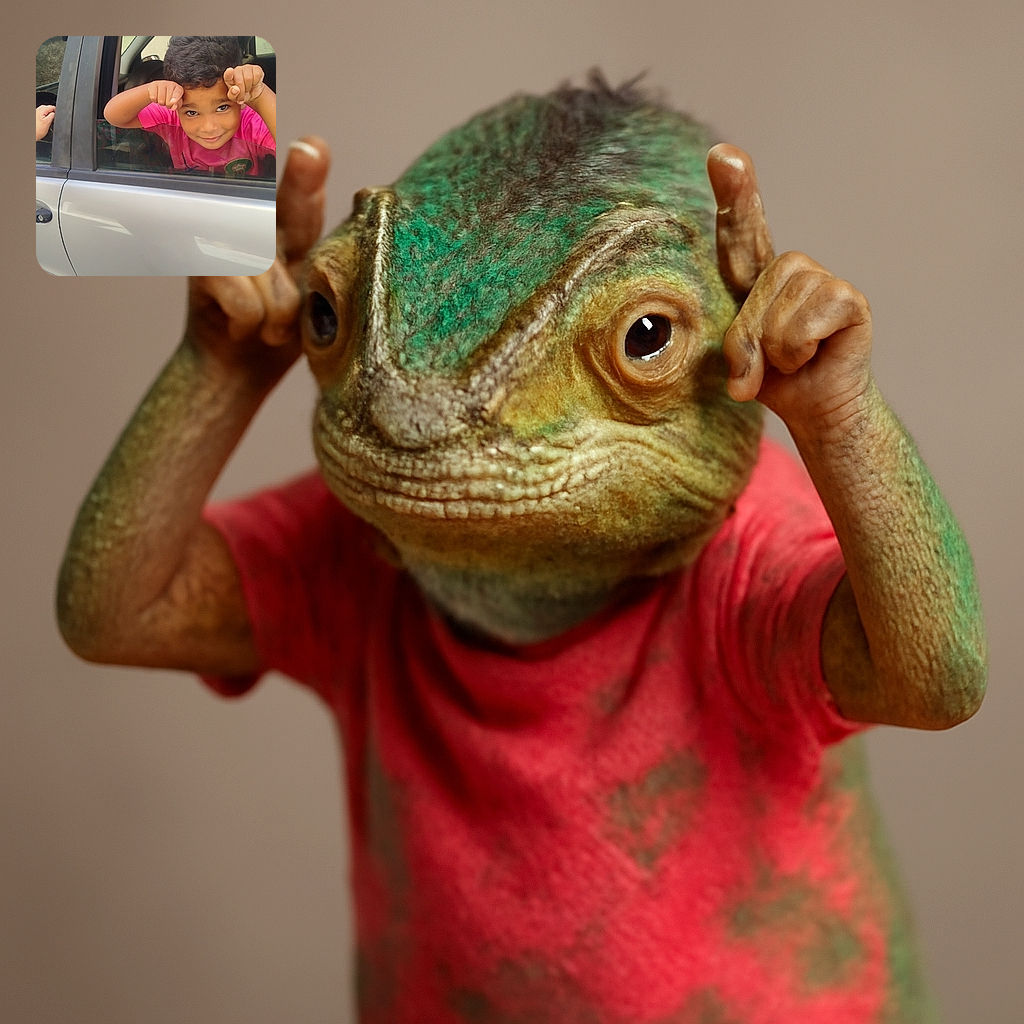 A playful young boy leans out of a car window, making funny hand gestures above his eyes like little horns, with a mischievous smile and bright eyes, wearing a pink shirt inside a silver car parked near a textured wall.