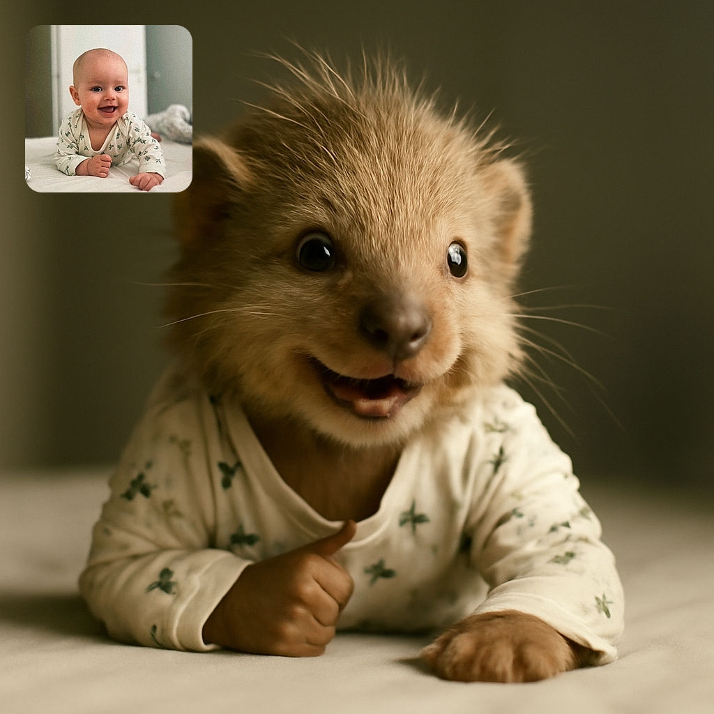 A joyful baby is lying on a bed, smiling widely with bright eyes, wearing a cozy white outfit with green patterns, set against a softly blurred bedroom background.