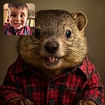 A close-up photo of a cheerful young boy with sparkling eyes and a slightly mischievous smile, wearing a red and black plaid shirt. The background is softly blurred, highlighting the boy's expressive face and tousled hair.