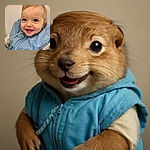 A close-up shot of an adorable baby with bright eyes and a toothy smile, wrapped in a cozy blue outfit, radiating pure joy and innocence against a soft, neutral background.