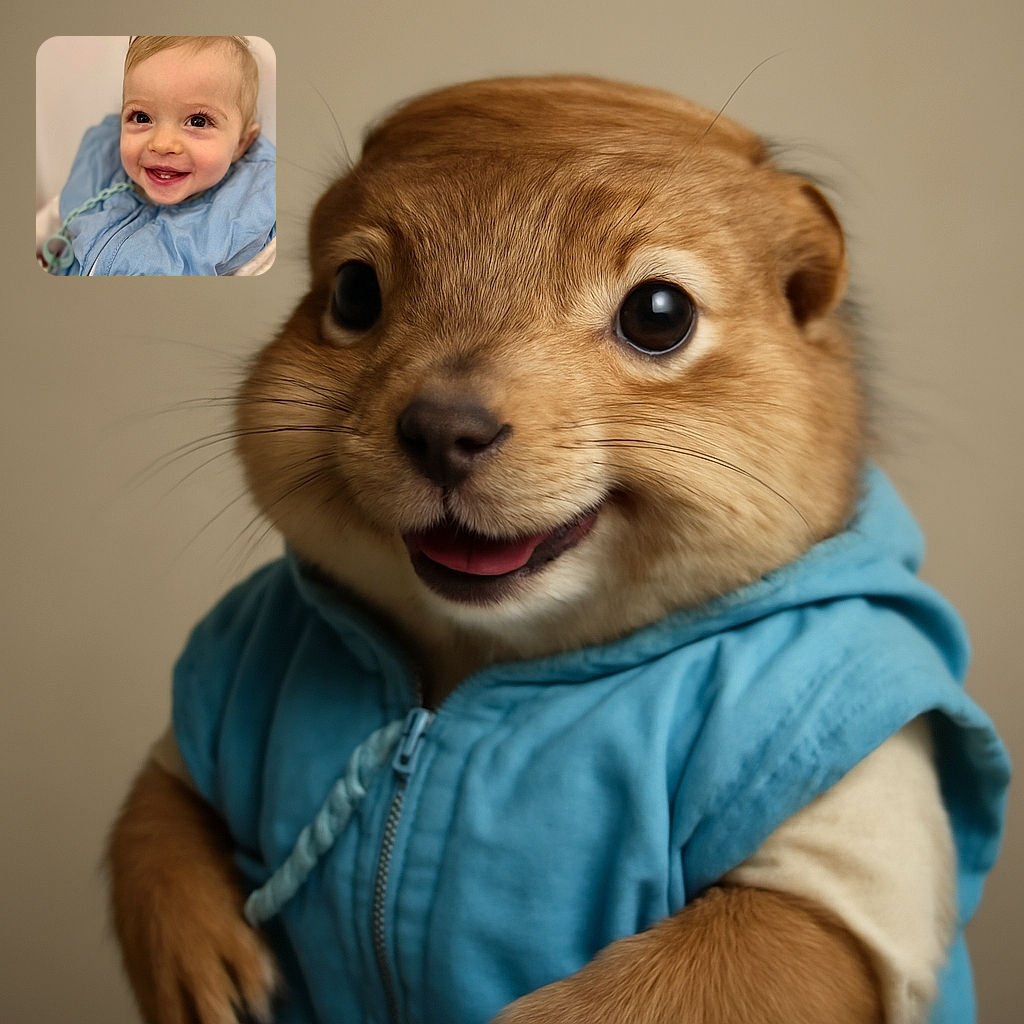 A close-up shot of an adorable baby with bright eyes and a toothy smile, wrapped in a cozy blue outfit, radiating pure joy and innocence against a soft, neutral background.