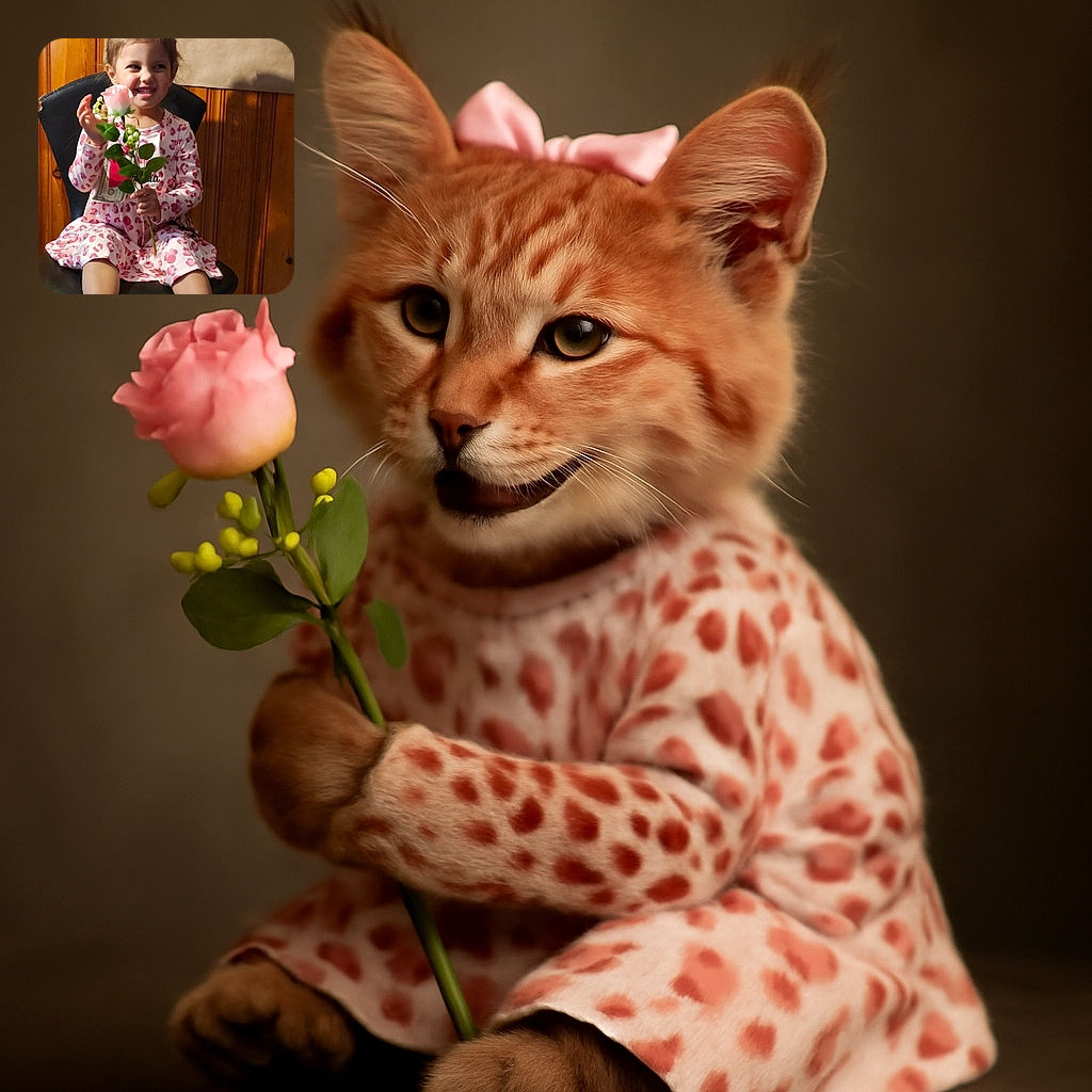 A cheerful little girl with a pink bow in her hair sits on a black chair, holding a delicate pink rose and a dollar bill, dressed in a cute pink leopard-print dress. The warm wooden panel background adds a cozy touch to this candid moment of joy.