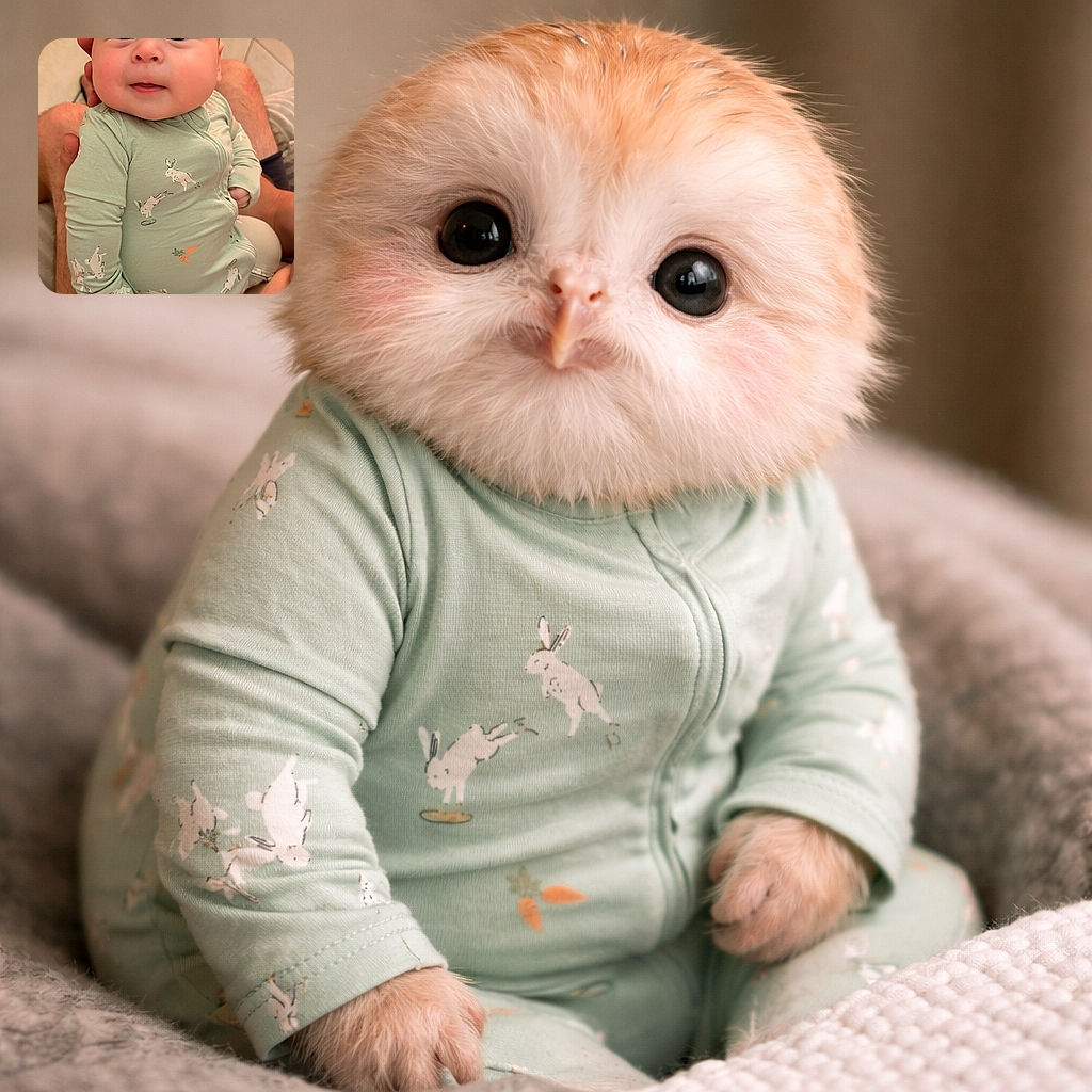A chubby-cheeked baby in a cute green onesie decorated with playful bunnies and a carrot, sitting comfortably on an adult's lap with a curious and slightly amused expression, surrounded by a cozy indoor setting with tiled floor and a white textured blanket.