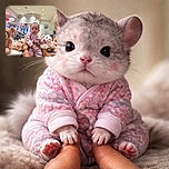 A chubby-cheeked baby in a pink zigzag patterned onesie is being held up by two hands in a store aisle filled with plush stuffed animals, with a colorful 'PIZZA' sign glowing in the background. The baby looks curiously at the camera, surrounded by fluffy toys, creating a cute and cozy scene.
