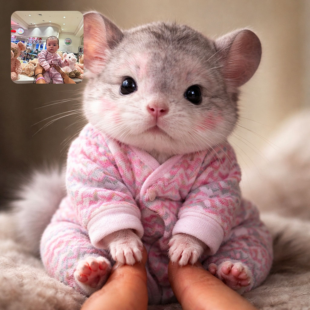 A chubby-cheeked baby in a pink zigzag patterned onesie is being held up by two hands in a store aisle filled with plush stuffed animals, with a colorful 'PIZZA' sign glowing in the background. The baby looks curiously at the camera, surrounded by fluffy toys, creating a cute and cozy scene.