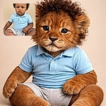 A serious-faced toddler with curly hair sits cross-legged against a beige backdrop, dressed in a light blue polo shirt and gray shorts, looking directly at the camera with a calm and contemplative expression.