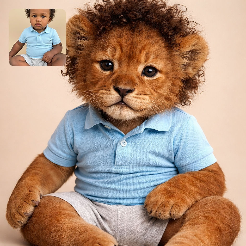 A serious-faced toddler with curly hair sits cross-legged against a beige backdrop, dressed in a light blue polo shirt and gray shorts, looking directly at the camera with a calm and contemplative expression.