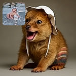 A gleeful baby wearing a floppy white sunhat and striped swim diaper is joyfully squatting in shallow water by the beach, with a backdrop of rocks and trees glowing in the sunset light. The baby’s infectious smile and sparkling eyes make the scene irresistibly heartwarming.
