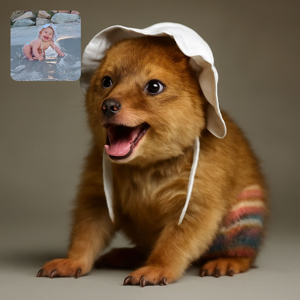 A gleeful baby wearing a floppy white sunhat and striped swim diaper is joyfully squatting in shallow water by the beach, with a backdrop of rocks and trees glowing in the sunset light. The baby’s infectious smile and sparkling eyes make the scene irresistibly heartwarming.