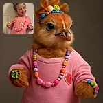 A joyful little girl beams with a wide smile, wearing a colorful headband with flowers, a bright beaded necklace, and matching accessories, standing in front of a plain door with playful confidence.