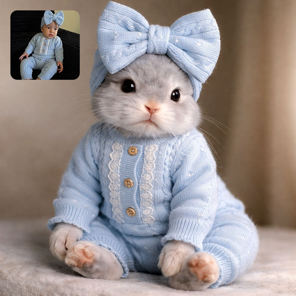 A charming baby dressed head to toe in a cozy, light blue knitted outfit with a giant bow headband sits thoughtfully on a plush black couch, looking off to the side with wide, curious eyes.