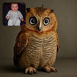 A wide-eyed baby in cozy gray pajamas with a bear design sits on a dark patterned couch, looking surprised or mesmerized, with a slightly dim background and a bright flash highlighting the adorable face.