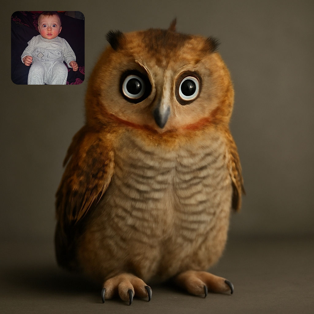 A wide-eyed baby in cozy gray pajamas with a bear design sits on a dark patterned couch, looking surprised or mesmerized, with a slightly dim background and a bright flash highlighting the adorable face.
