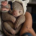 A sleepy newborn is bundled up like a tiny burrito, wearing a white cap and making an impressively serious face while being cuddled in an adult’s arms.