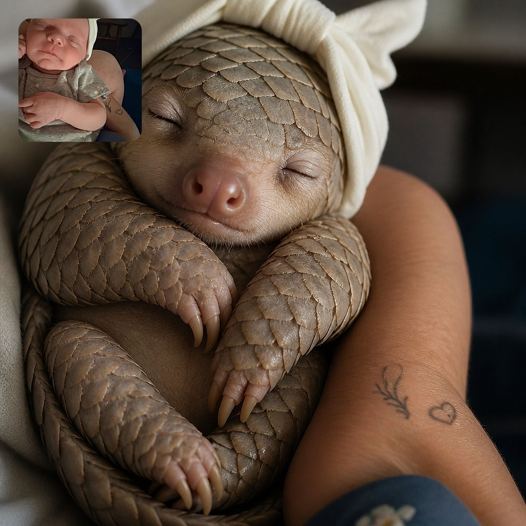 A sleepy newborn is bundled up like a tiny burrito, wearing a white cap and making an impressively serious face while being cuddled in an adult’s arms.