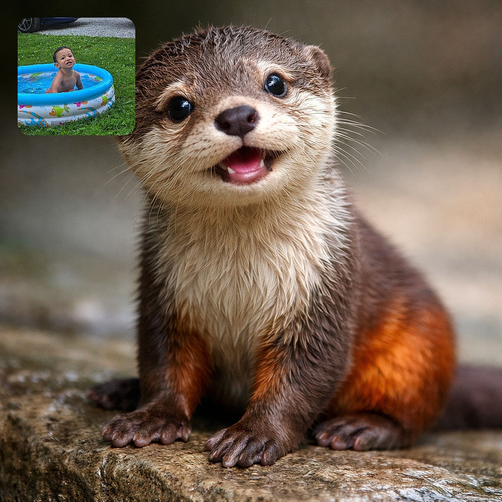 A toddler is sitting in a colorful inflatable kiddie pool on a grassy lawn, making a playful grimace while water droplets glisten on their skin. A blue car and tree trunk frame the background, adding a suburban backyard vibe to this sunny splash moment.