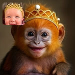 A close-up of a joyful baby wearing a sparkly golden tiara, smiling widely with bright eyes and chubby cheeks, radiating pure happiness and cuteness.