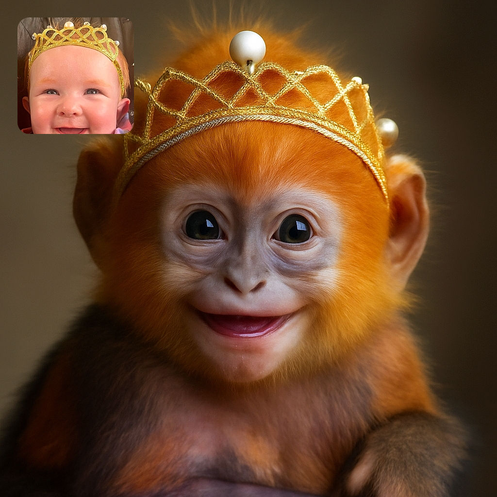 A close-up of a joyful baby wearing a sparkly golden tiara, smiling widely with bright eyes and chubby cheeks, radiating pure happiness and cuteness.