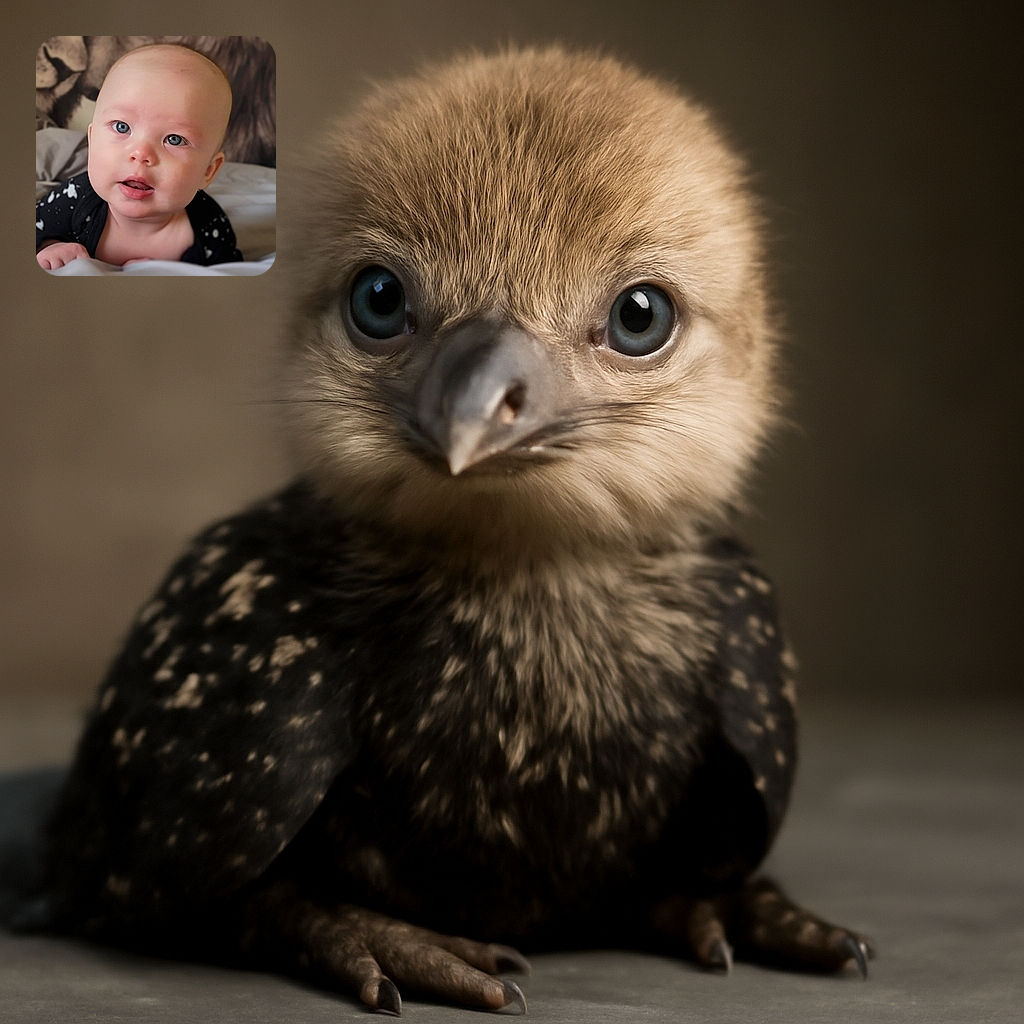 A close-up of an adorable baby with bright blue eyes and a slightly open mouth, lying on a soft surface with a cozy background featuring a blurred animal print. The baby wears a black outfit with white splatters, creating a charming and heartwarming portrait.
