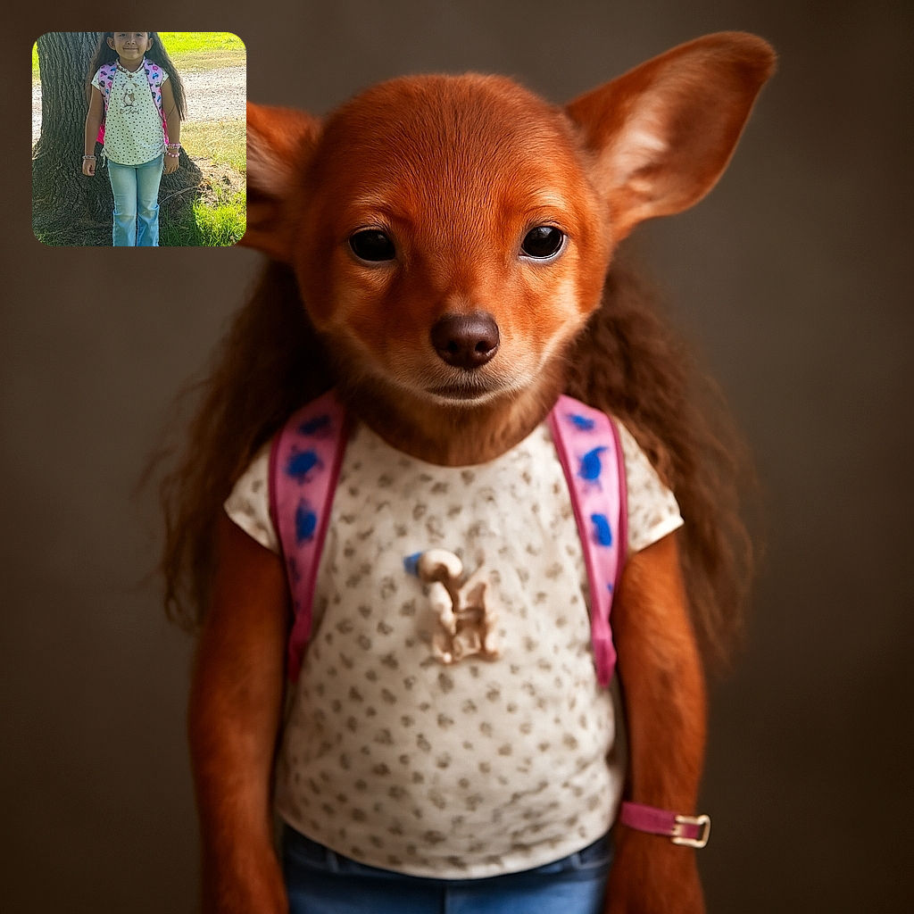 A young girl stands confidently in front of a large tree, sporting a pink backpack and a cheerful shirt with a teddy bear and the words 'Be Kind'. Her long hair is held back by a headband, and she's accessorized with colorful bracelets, all under a bright sunny sky in a grassy park.