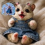 A joyful baby wearing a denim dress and white mittens lies on a round mat decorated with two adorable giraffes and leafy patterns, all set on a rustic wooden floor. The baby beams with a wide smile and tiny pigtails, radiating pure happiness.
