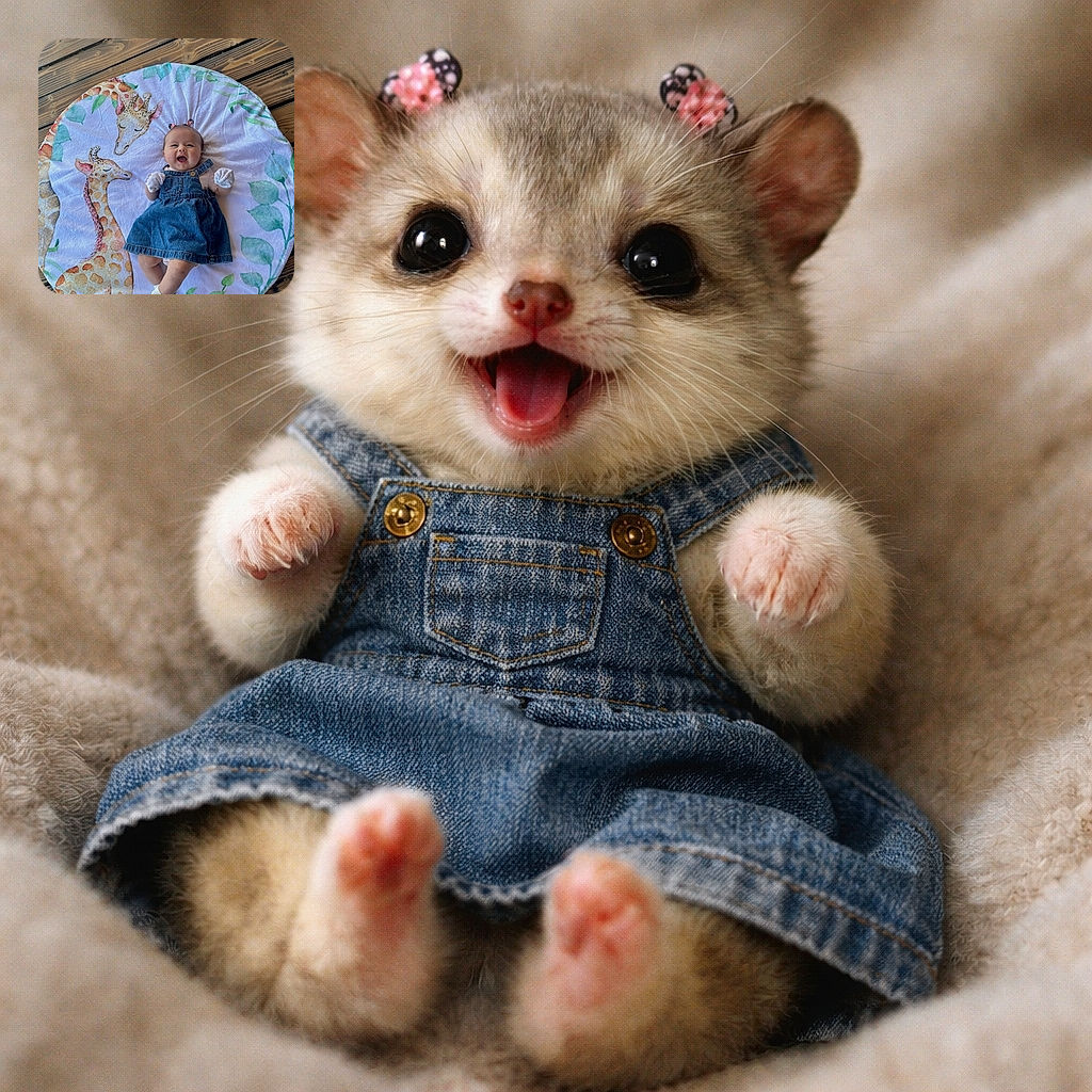A joyful baby wearing a denim dress and white mittens lies on a round mat decorated with two adorable giraffes and leafy patterns, all set on a rustic wooden floor. The baby beams with a wide smile and tiny pigtails, radiating pure happiness.