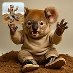 An excited toddler in beige cozy clothes and black sneakers is sitting joyfully on a sandy surface with arms raised, as if reaching for the sky or a giant invisible bubble, with a plain light background highlighting the adorable moment.