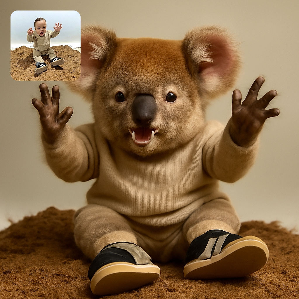 An excited toddler in beige cozy clothes and black sneakers is sitting joyfully on a sandy surface with arms raised, as if reaching for the sky or a giant invisible bubble, with a plain light background highlighting the adorable moment.