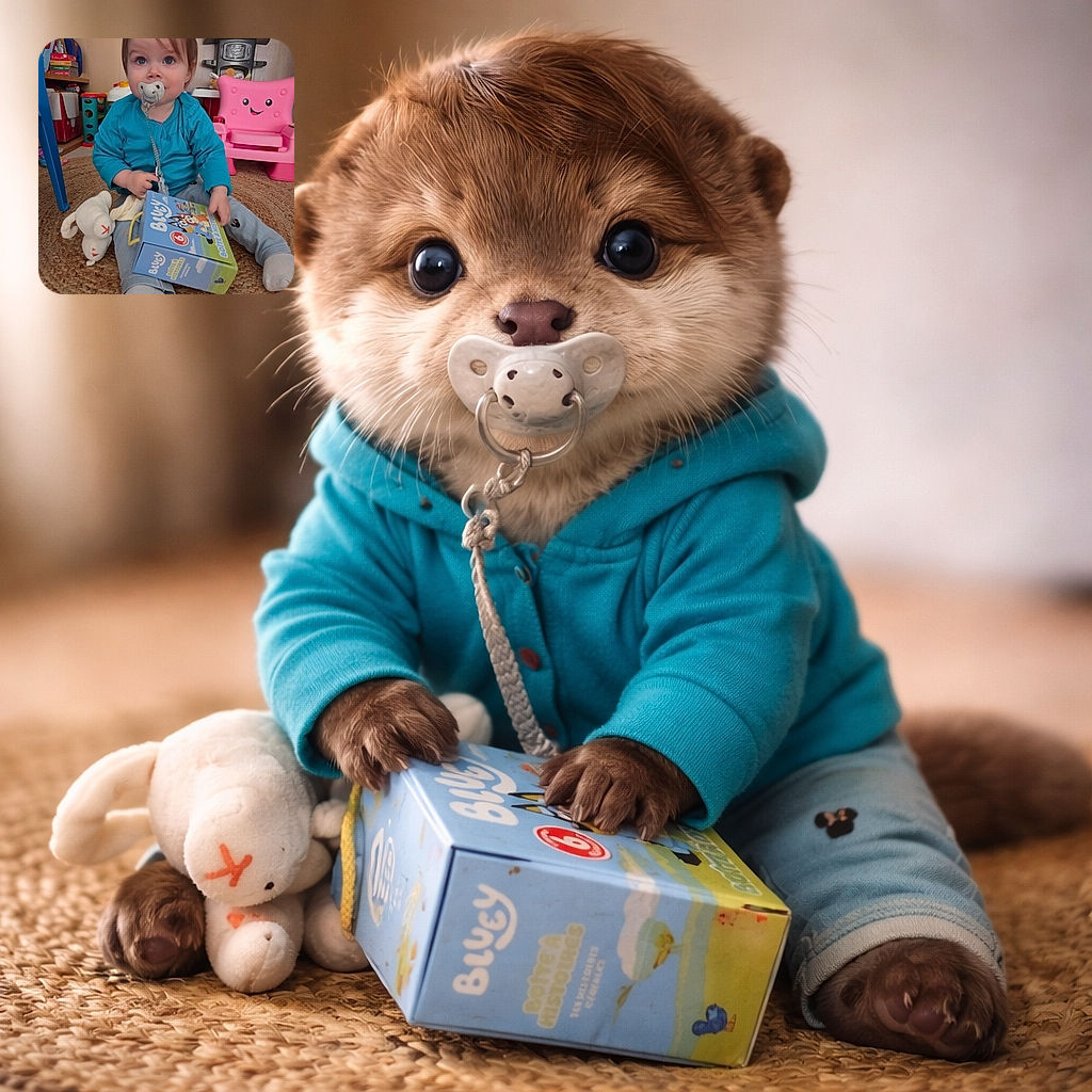 A wide-eyed toddler with a pacifier stares up like they're listening to the room's secret while clutching a Bluey box and flanked by a cheerful pink toy chair and a sleepy plush. The scene is cozy chaos: mismatched toys, a woven rug, and a very serious baby with big blue eyes and a sticky-sock vibe.