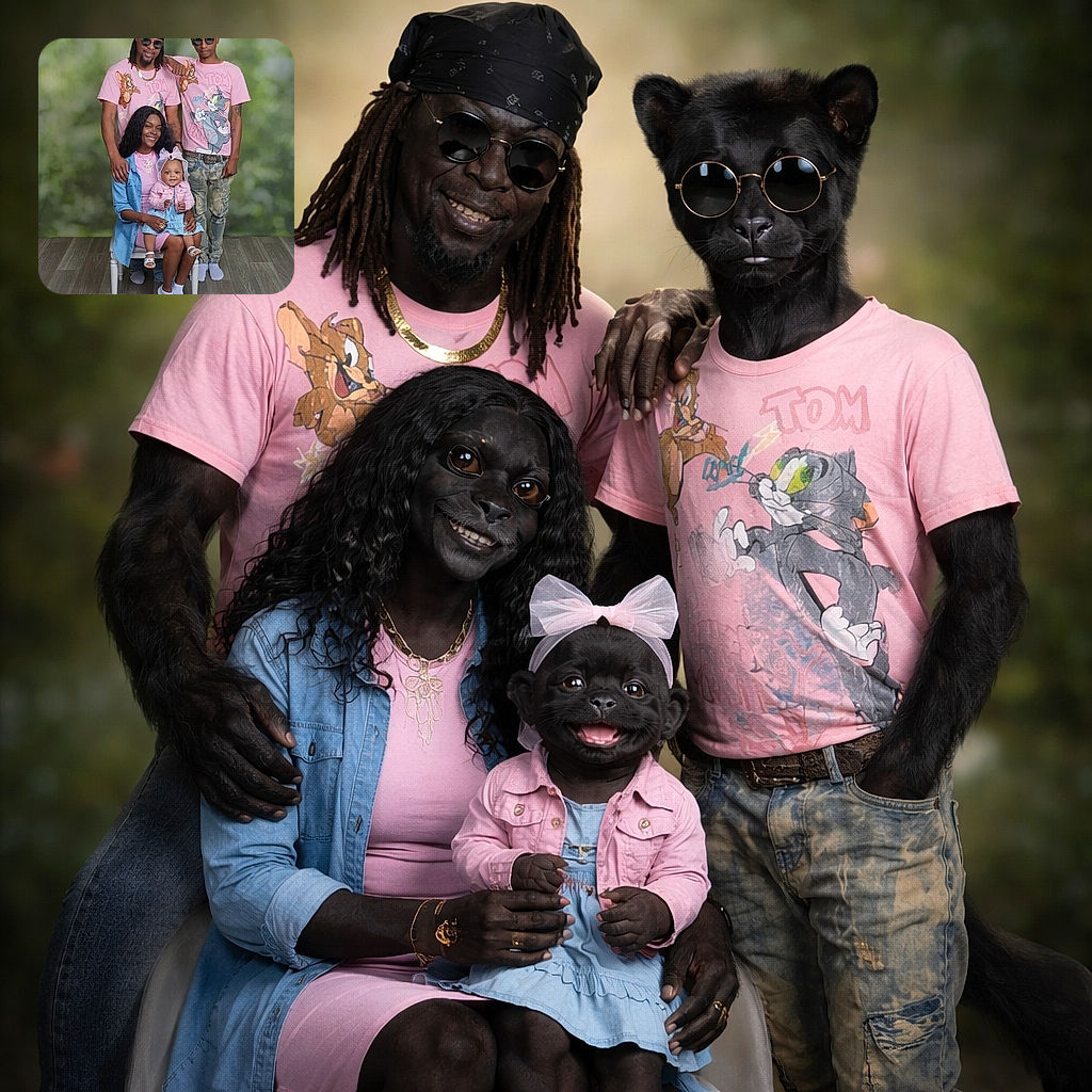 A cheerful family portrait where everyone coordinated on pink Tom & Jerry shirts like it was a themed superhero squad — two grown-ups standing protectively, a smiling mom seated, and an adorable baby with a bow stealing the spotlight. Studio green-bokeh backdrop and wood floor complete the very Instagram-ready vibe.
