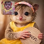A cute baby with big blue eyes and a colorful headband smiles gently while clutching a wooden sign, set against a cheerful backdrop of smiley faces in warm colors.