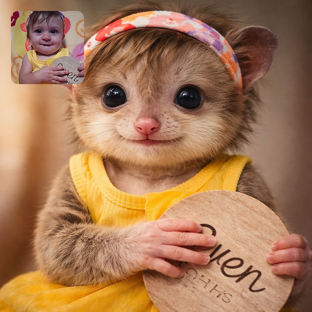 A cute baby with big blue eyes and a colorful headband smiles gently while clutching a wooden sign, set against a cheerful backdrop of smiley faces in warm colors.