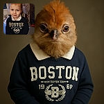 A charming young child with bright eyes and a subtle smile poses indoors wearing a Boston sweatshirt, surrounded by cozy home clutter including a fan and wooden furniture, giving off a warm and candid vibe.