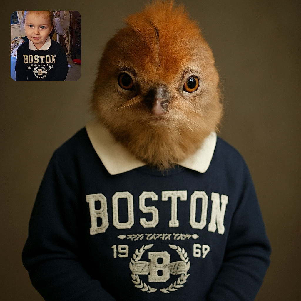 A charming young child with bright eyes and a subtle smile poses indoors wearing a Boston sweatshirt, surrounded by cozy home clutter including a fan and wooden furniture, giving off a warm and candid vibe.