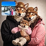 A cheerful family of three stands in a snowy mountain landscape under a brilliant blue sky. Both adults wear matching brown beanies and warm winter clothes, holding a bundled-up baby dressed in cozy attire. The snow-covered pine trees and clear weather create a perfect winter day vibe.