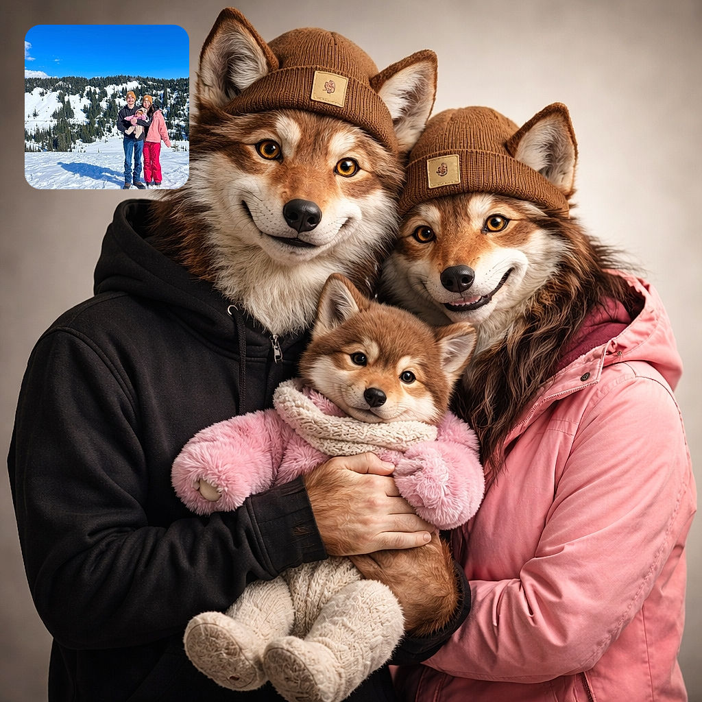 A cheerful family of three stands in a snowy mountain landscape under a brilliant blue sky. Both adults wear matching brown beanies and warm winter clothes, holding a bundled-up baby dressed in cozy attire. The snow-covered pine trees and clear weather create a perfect winter day vibe.
