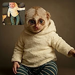 A charming baby with big blue eyes and rosy cheeks lounges comfortably on a plush dark gray couch, dressed in a cozy white fleece hoodie and green striped leggings, looking curiously at the camera with a hint of a smile.