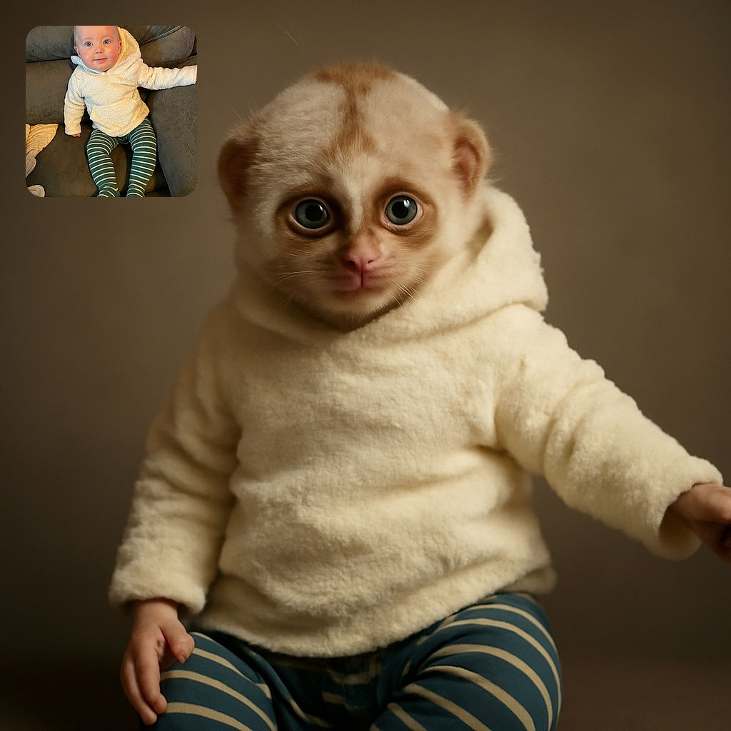 A charming baby with big blue eyes and rosy cheeks lounges comfortably on a plush dark gray couch, dressed in a cozy white fleece hoodie and green striped leggings, looking curiously at the camera with a hint of a smile.