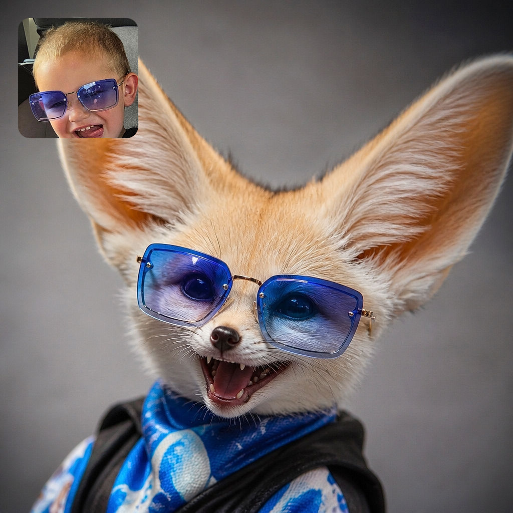 A cheerful young child rides in a car wearing enormous purple sunglasses, flashing a toothy grin and looking like a tiny celebrity who just got upgraded to the front row of the fashion bus.