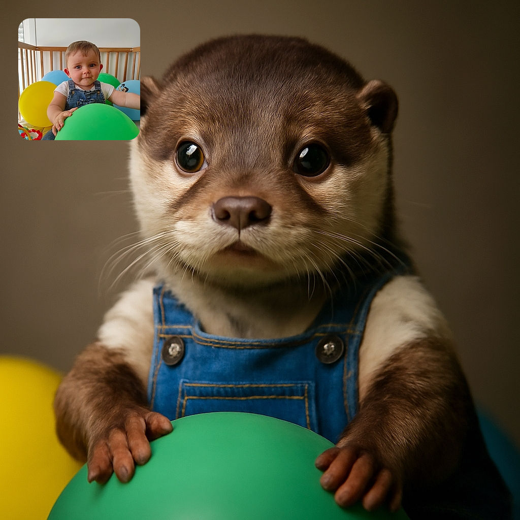 A curious baby sitting in a wooden crib surrounded by colorful balloons, gripping a big green balloon with a serious yet adorable expression, while a playful toy sits nearby.