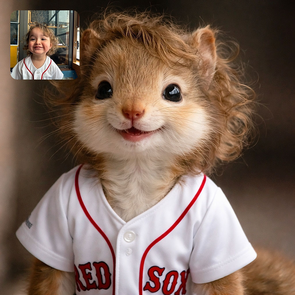 A cheerful toddler with curly hair grins widely, wearing a Boston Red Sox jersey, standing indoors near a glass enclosure with bees visible inside, creating a charming and lively scene.