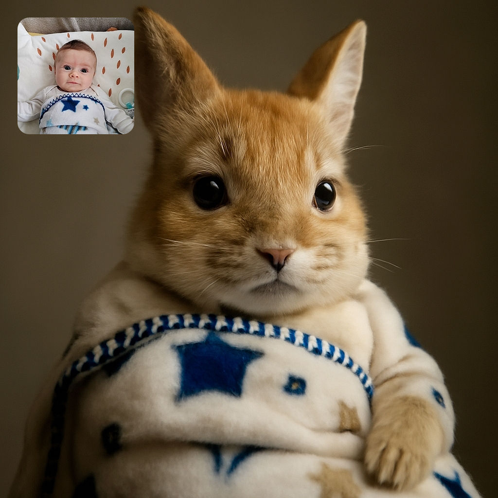 A wide-eyed baby wrapped snugly in a star-patterned blanket lies on a cozy surface, looking curiously at the camera with a calm expression, surrounded by soft textures and a hint of a toy ring nearby.