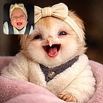 A gleeful baby with a cream bow headband and chubby cheeks is strapped into a car seat, mouth wide in a gummy laugh — the kind of tiny comedian who just told the whole car a joke and refuses to stop giggling.