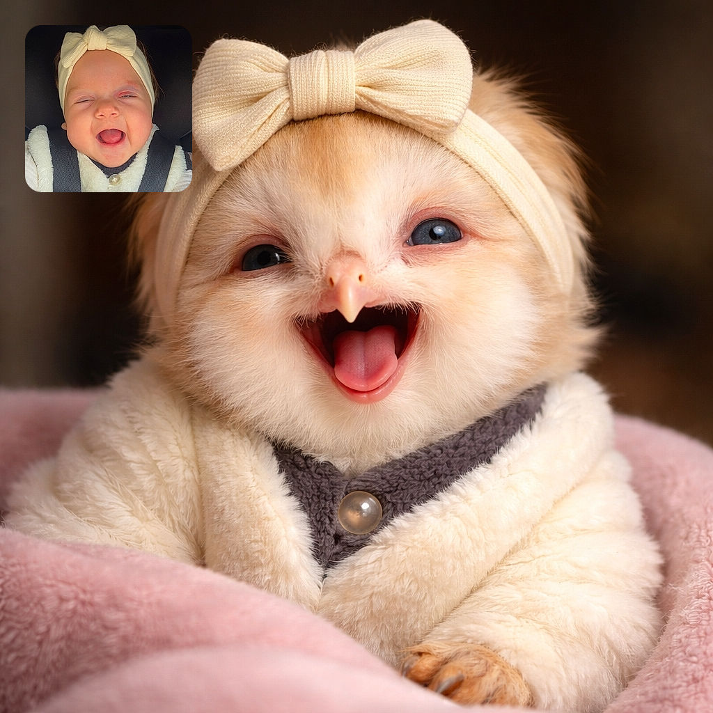 A gleeful baby with a cream bow headband and chubby cheeks is strapped into a car seat, mouth wide in a gummy laugh — the kind of tiny comedian who just told the whole car a joke and refuses to stop giggling.