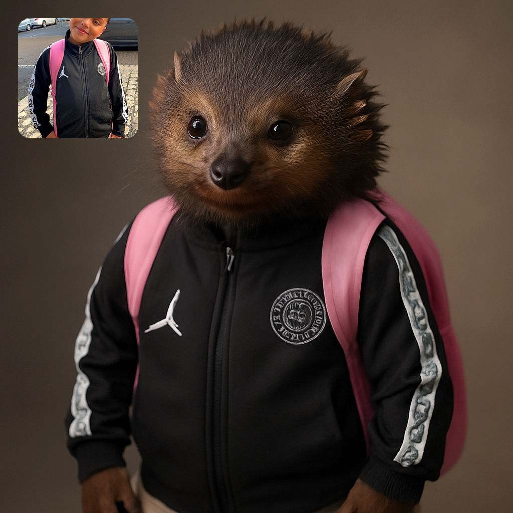A cheerful young child stands on a cobblestone street wearing a black Paris-themed jacket and a pink backpack, tilting their head slightly with a sweet smile, while cars and quaint buildings blur softly in the background.